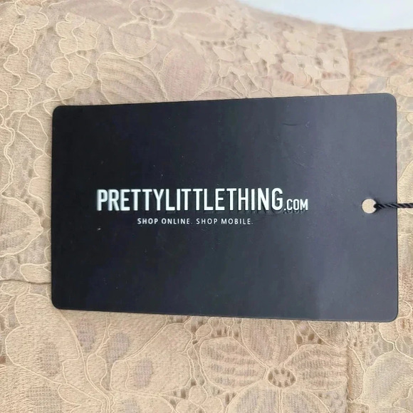 PrettyLittleThing Stone Shape Lace Mesh Stripe Midi Dress Tan Beige Bodycon 8 - Picture 11 of 15